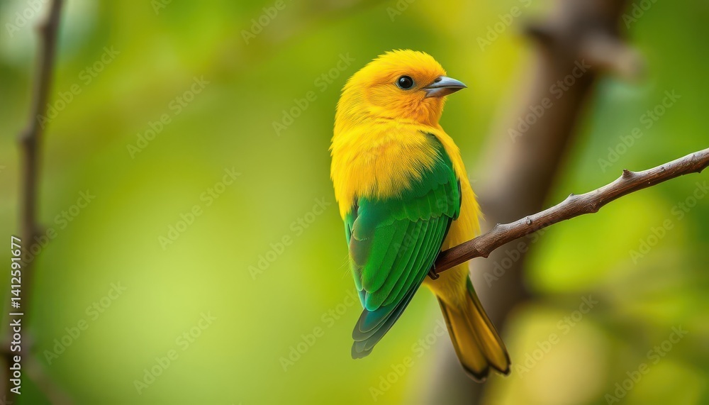 Obraz premium Bright yellow bird with vibrant green wings perched on a tree branch, macro, feathers