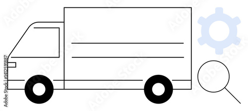 Delivery truck beside a gear and magnifying glass, representing logistics, supply chain, efficiency. Ideal for transportation, shipping, management, problem-solving, business operations teamwork