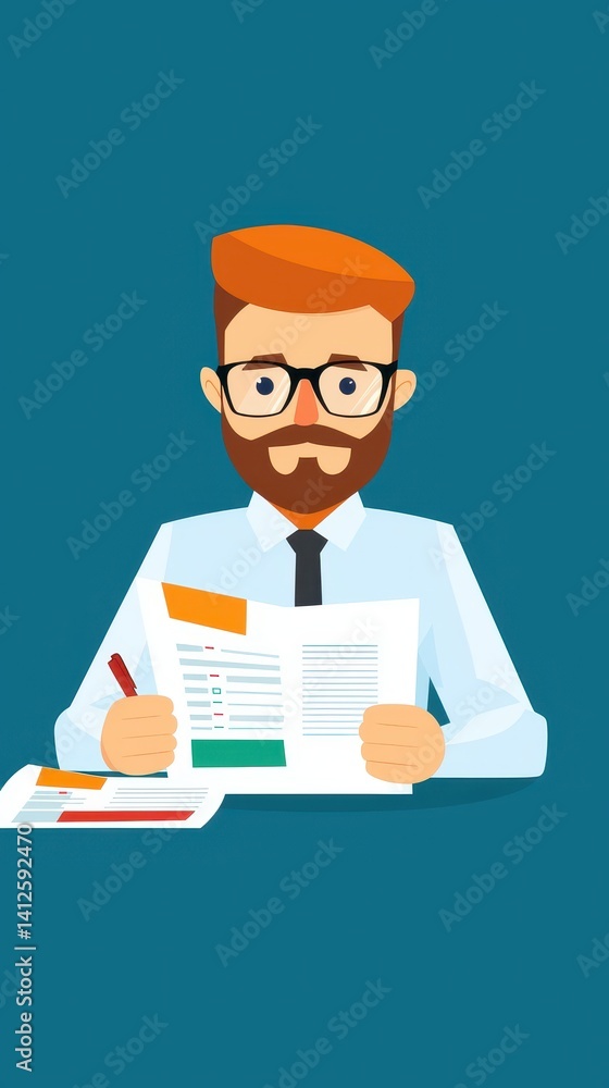 Young Professional Reviewing Documents with Focused Expression Young Professional Reviewing Documents with Focused Expression