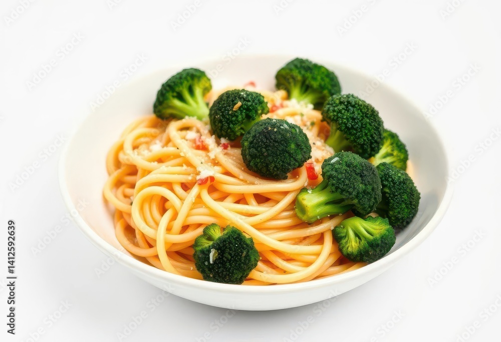 Creamy pasta with vibrant broccoli florets in a pristine white bowl against a stark white background, home cooking, green Creamy pasta with vibrant broccoli florets in a pristine white bowl against a stark white background, home cooking, green