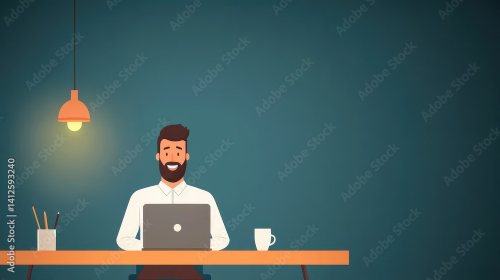 Happy Man Working on Laptop at Desk with Stylish Background