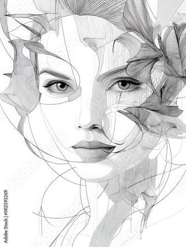 Beautiful Woman's Face in Intricate Abstract Line Drawing Style
