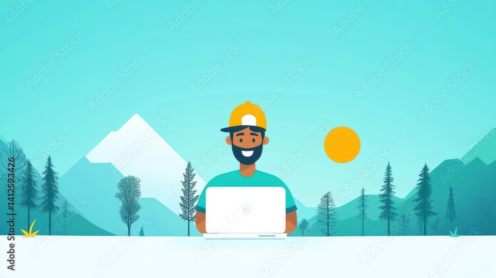 Young Man Working on Laptop in Scenic Mountain Landscape