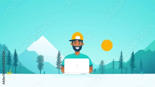 Obraz na płótnie Young Man Working on Laptop in Scenic Mountain Landscape w salonie