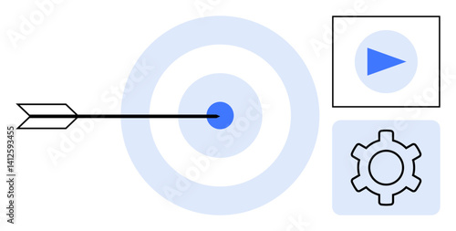 Arrow piercing center of circular target alongside play button and gear. Ideal for strategy, focus, goal setting, success, productivity, planning, simple landing page
