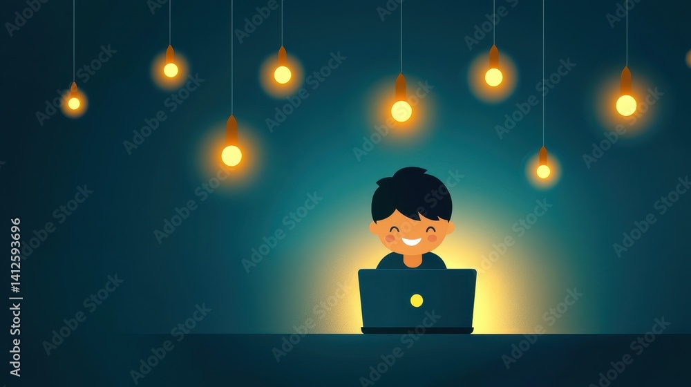 Child with Laptop in Calm Environment Surrounded by Hanging Lights