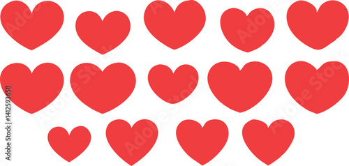 A cheerful and simple design featuring multiple red hearts of varying sizes arranged on a plain white backdrop.