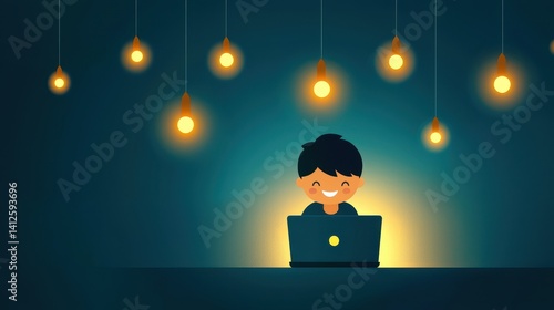 Obraz na płótnie Child with Laptop in Calm Environment Surrounded by Hanging Lights w salonie
