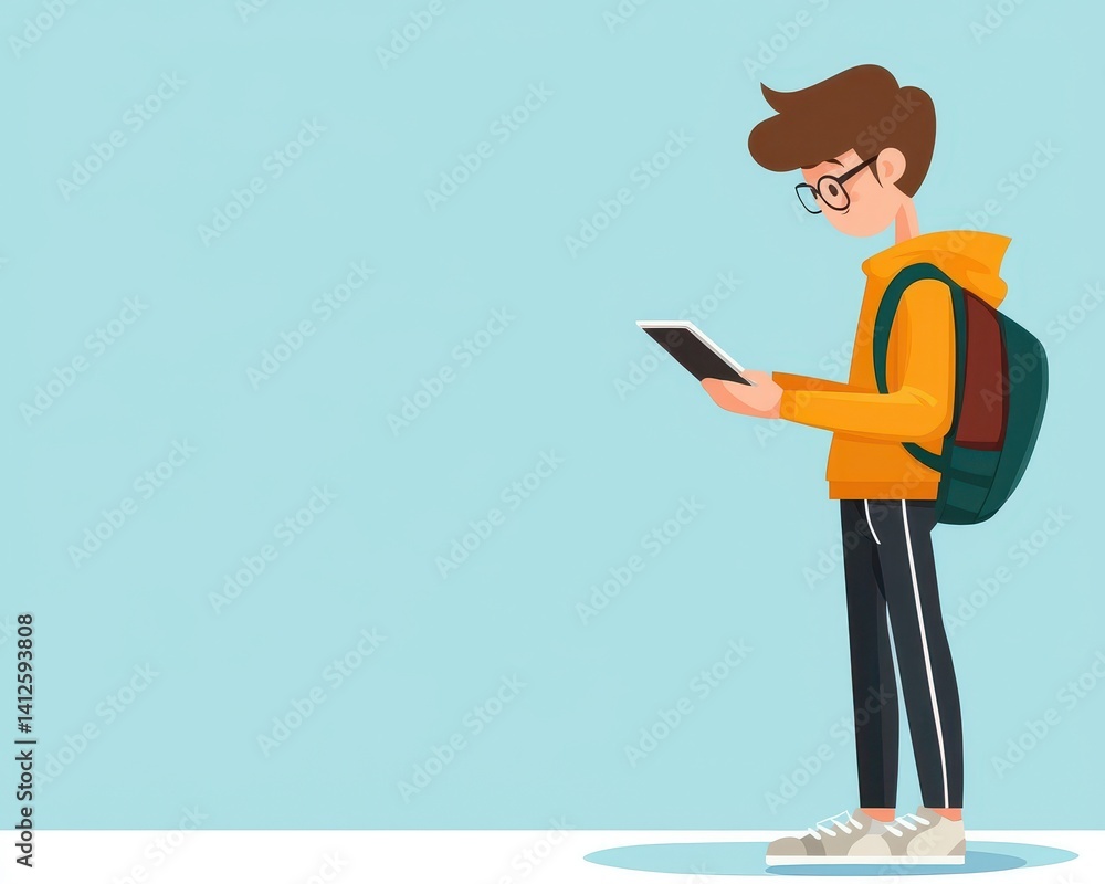 Young Person with Tablet in Casual Outfit and Backpack on Blue Background