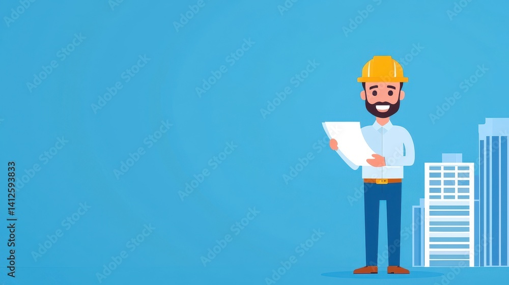 Smiling Engineer Holding Blueprint with Modern Buildings in Background