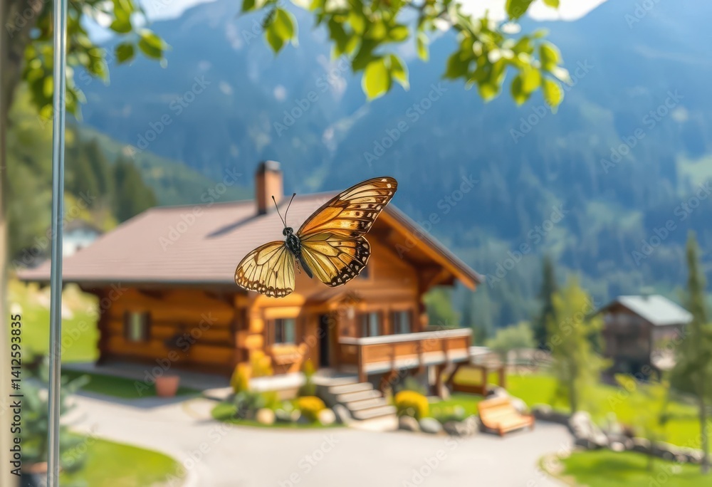 Delicate butterfly perched on glass pane, overlooking charming wooden house nestled in scenic nature, image, wooden house Delicate butterfly perched on glass pane, overlooking charming wooden house nestled in scenic nature, image, wooden house