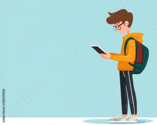 Obraz na płótnie Young Person with Tablet in Casual Outfit and Backpack on Blue Background w salonie