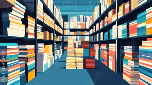 Vast warehouse filled with stacks of books on shelves.