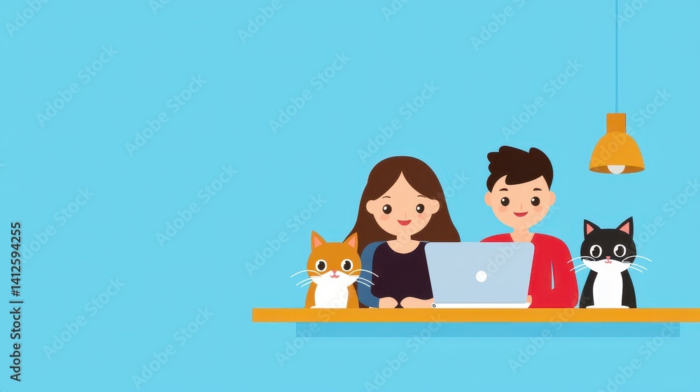 Young couple working together on a laptop with playful cats nearby