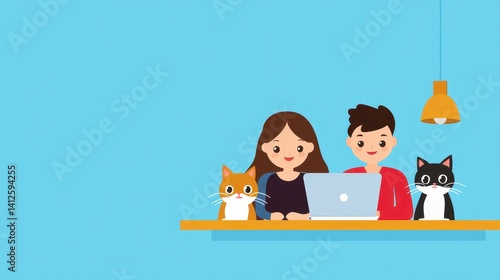 Obraz na płótnie Young couple working together on a laptop with playful cats nearby w salonie