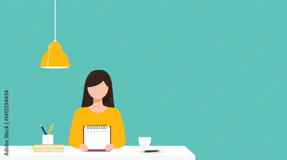 Young Woman Holding Notebook in Bright Workspace with Green Wall