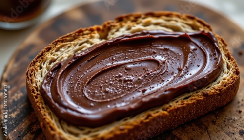 Comfort Food Classic Illustrate a close up of a slice of whole grain bread with a thick layer of rich chocolate hazelnut spread