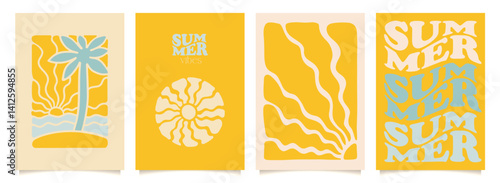 Trendy groovy palm tree beach sun sea cards set. Surf club vacation and sunny summer day in boho aesthetic. Vector flat illustration background in trendy retro naive simple style.