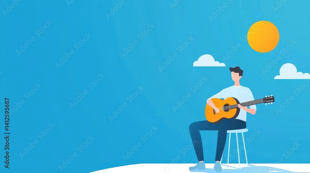 Young Man Playing Guitar Under Sunny Sky With Clouds and Blue Background