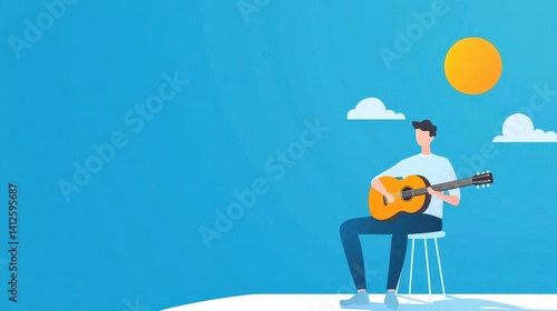 Obraz na płótnie Young Man Playing Guitar Under Sunny Sky With Clouds and Blue Background w salonie