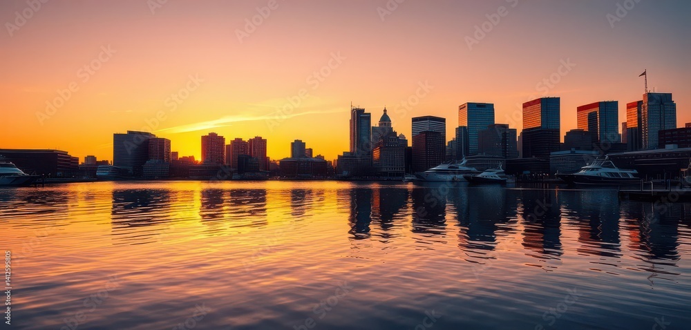Obraz premium Golden hour sunset paints Boston's skyline, mirrored in calm harbor waters, horizon, view