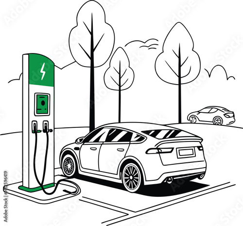 This vibrant illustration depicts various eco-friendly transportation methods including an electric car, electric bicycle, electric scooter, and electric scooter, all in a green environment.