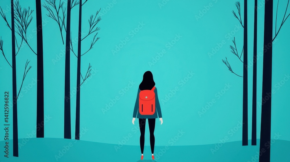 Person with Backpack Walking in a Minimalist Forest Landscape