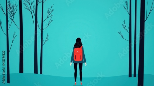Obraz na płótnie Person with Backpack Walking in a Minimalist Forest Landscape w salonie