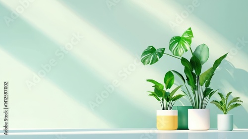 Obraz na płótnie Lush Green Plants in Modern Pots Against Soft Mint Green Background w salonie
