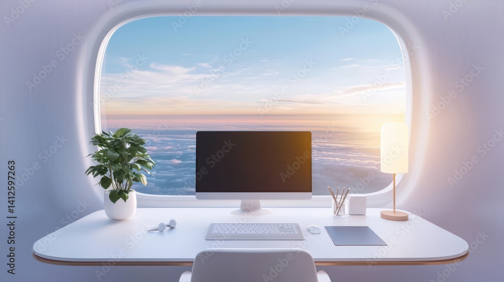 Modern Workspace with Scenic View of Sky and Clouds at Sunrise