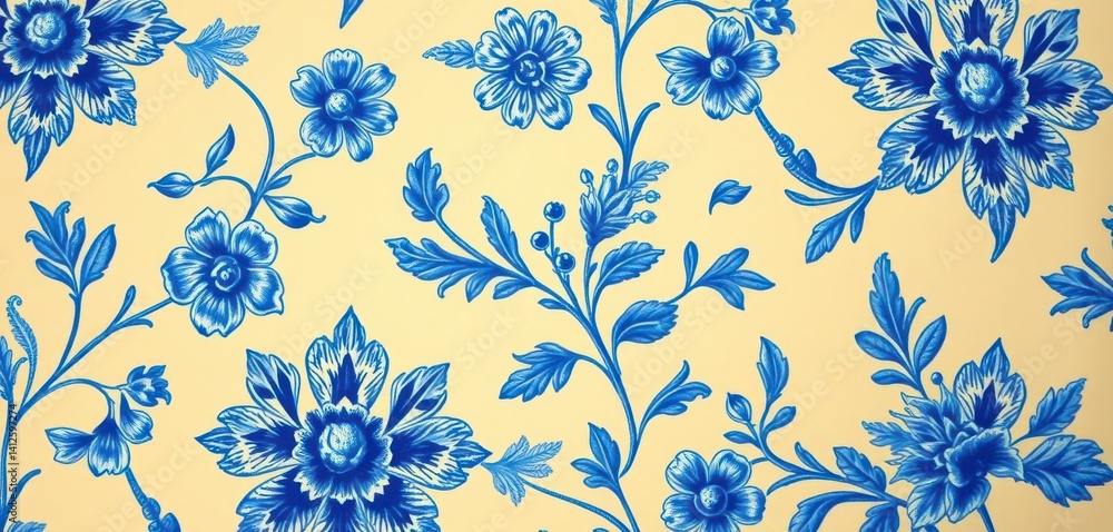 Intricate blue French toile floral pattern on beige, extreme close-up, beige, wallpaper Intricate blue French toile floral pattern on beige, extreme close-up, beige, wallpaper