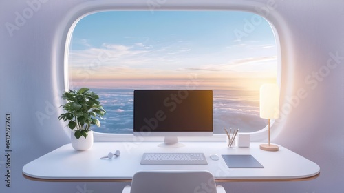 Obraz na płótnie Modern Workspace with Scenic View of Sky and Clouds at Sunrise w salonie