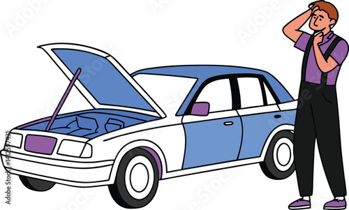 A cartoon illustration of a mechanic looking concerned with his hands on his head, standing beside a car with its hood up.