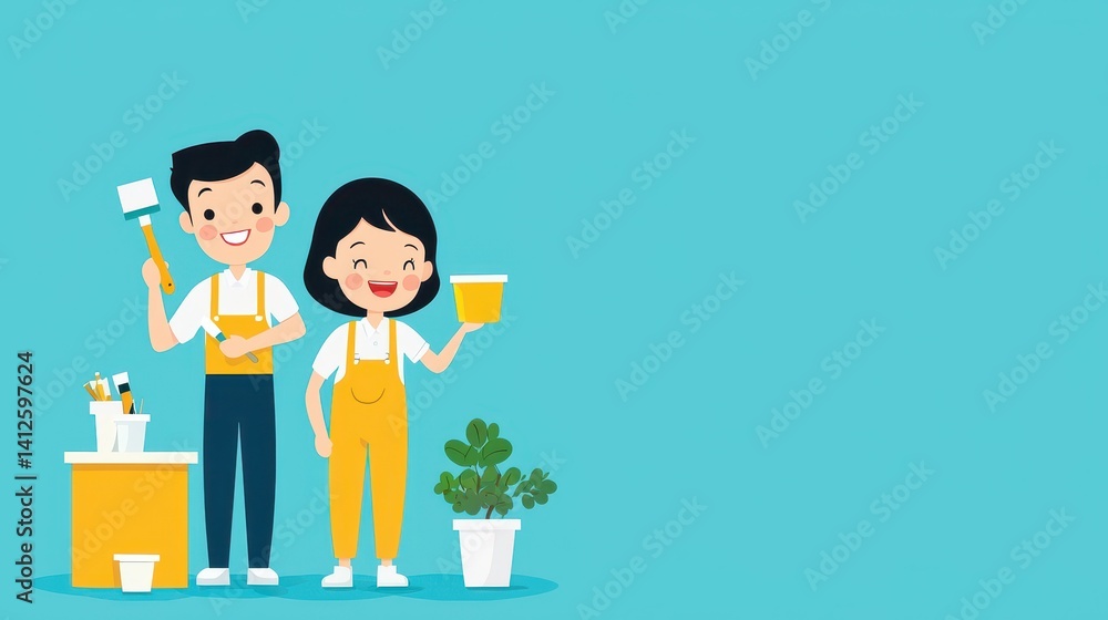 Happy Couple Engaging in Home Gardening with Tools and Plants