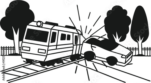 Train and Car Collision at Railroad Crossing, Safety Awareness Illustration