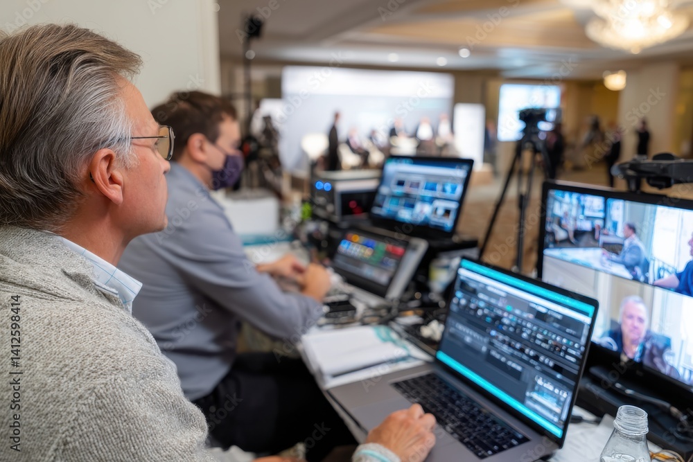 A dynamic behind-the-scenes view featuring professionals managing video production equipment at a live event, showcasing the importance of technology in modern presentations. A dynamic behind-the-scenes view featuring professionals managing video production equipment at a live event, showcasing the importance of technology in modern presentations.
