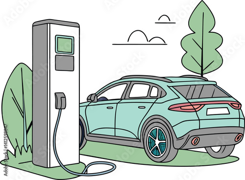 This vibrant illustration depicts various eco-friendly transportation methods including an electric car, electric bicycle, electric scooter, and electric scooter, all in a green environment.