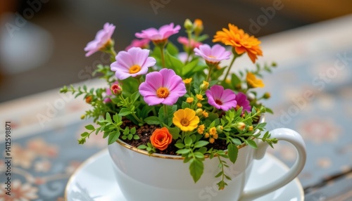 Wallpaper Mural Garden in a Cup A delightful cup showcasing a mini garden with assorted blossoms and foliage. Torontodigital.ca