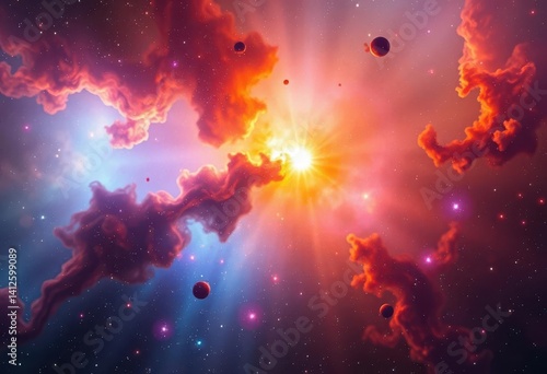 Abstract cosmic nebula, glowing rays & vibrant colors, power, design