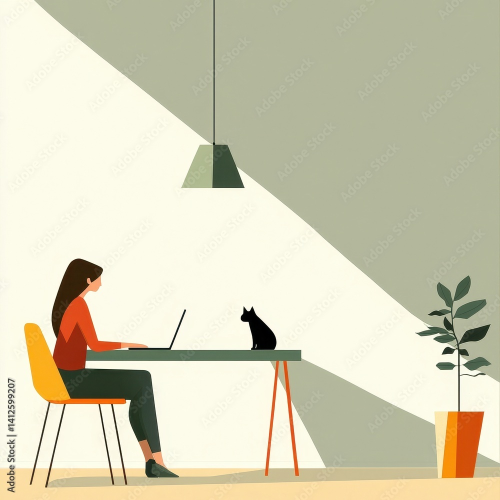 Woman Working at Desk with Laptop and Cat in Modern Interior Space
