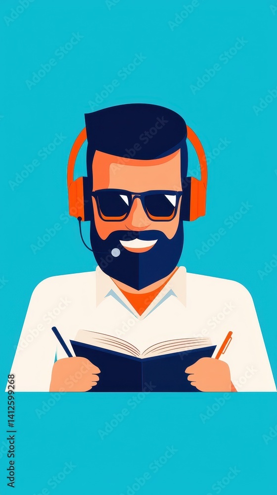 Happy Man in Headphones Reading Book to Bright Blue Background