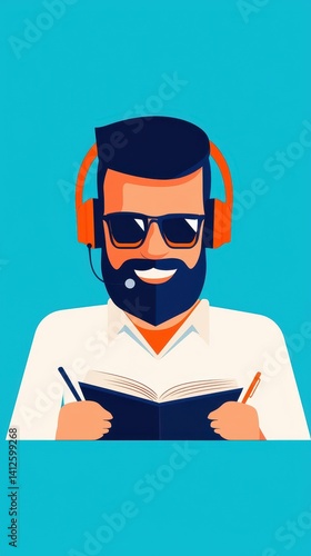 Obraz na płótnie Happy Man in Headphones Reading Book to Bright Blue Background w salonie