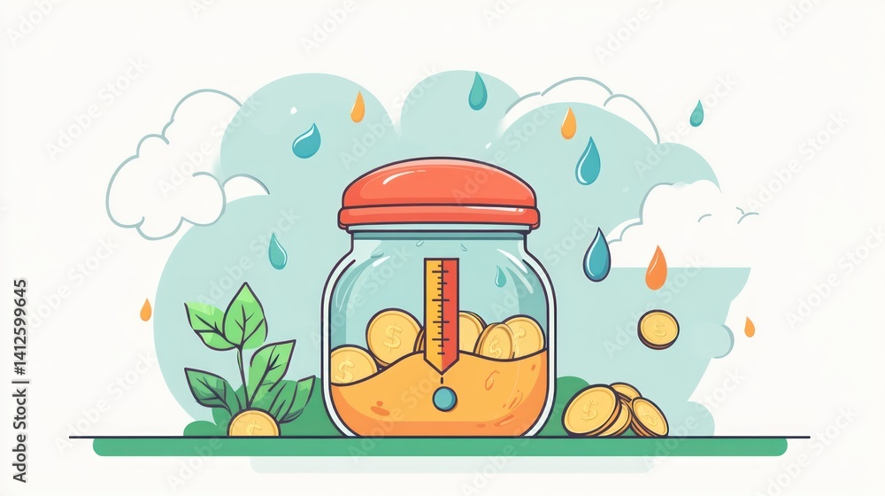 Glass jar with coins, thermometer, and growing plant, depicting savings growth and financial prosperity under rain. Glass jar with coins, thermometer, and growing plant, depicting savings growth and financial prosperity under rain.