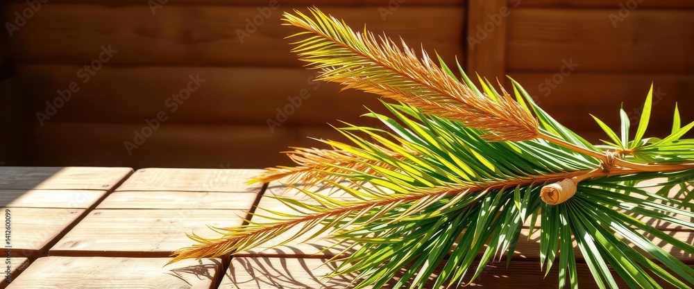 Palm branches arranged on a rustic wooden table, sunlight streaming in, wood, holy week Palm branches arranged on a rustic wooden table, sunlight streaming in, wood, holy week
