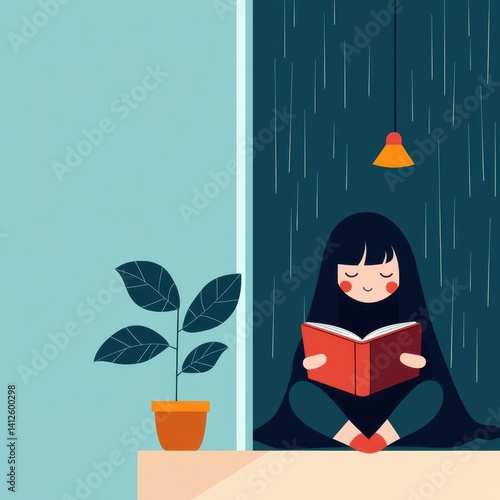 Happy Child Reading Book in Cozy Indoor Setting During Rainy Day