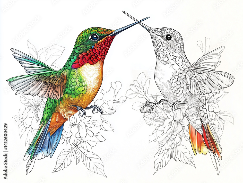 Fototapeta premium Colorful and monochrome hummingbirds for art projects and coloring books