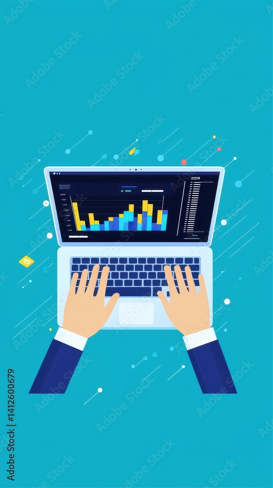 Hands on Laptop Analyzing Colorful Data Charts in Modern Workspace