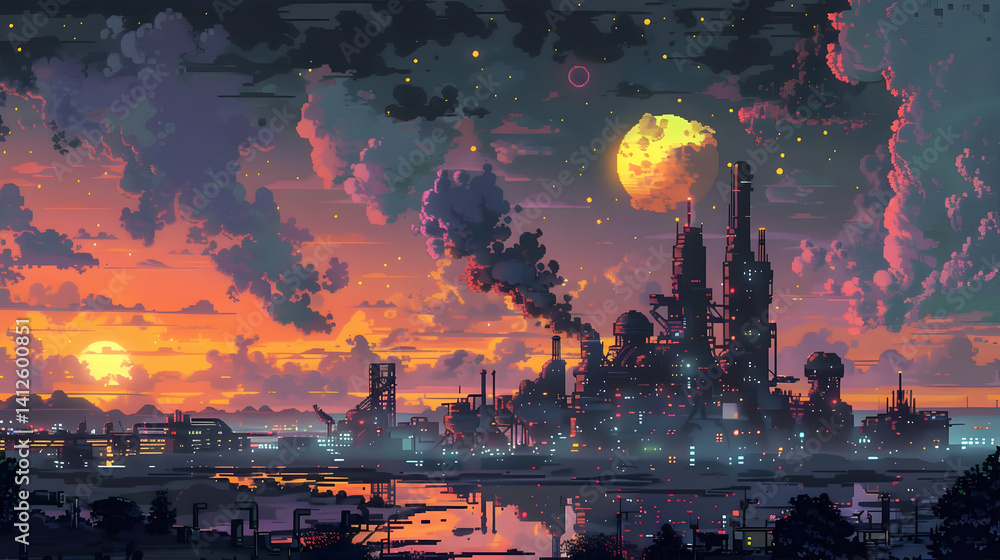 Pixel Art Cityscape at Sunset with Reflections and Glowing Lights in Dark Night Sky with Colorful Clouds Pixel Art Cityscape at Sunset with Reflections and Glowing Lights in Dark Night Sky with Colorful Clouds