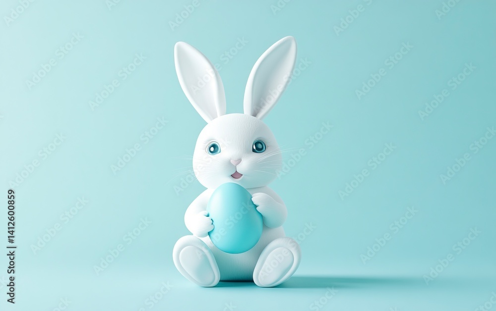 Fototapeta premium Photograph of a white Easter bunny sitting and holding a blue-colored egg on a pastel light blue background, an Easter concept, studio shot, photorealistic, 50 mm lens, no text or logo, isolated 