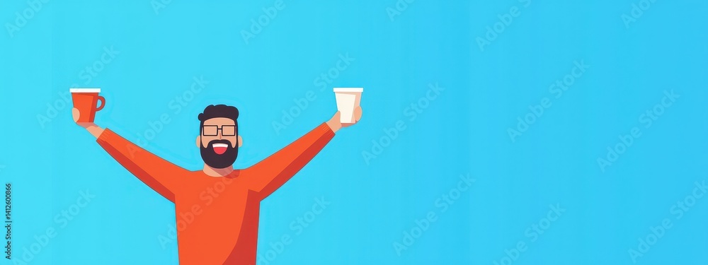 Happy man celebrating with coffee cup and takeaway drink in hands